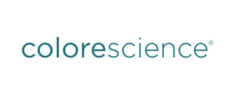 The image shows the Colorescience logo with lowercase text in teal against a white background, featuring the brand name in a modern font style.