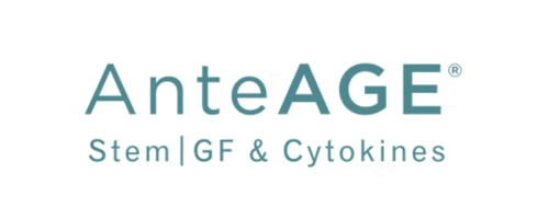 AnteAGE logo featuring the tagline "Stem | GF & Cytokines" in a clean, minimalist blue font on a white background, emphasizing skincare or biomedical focus.