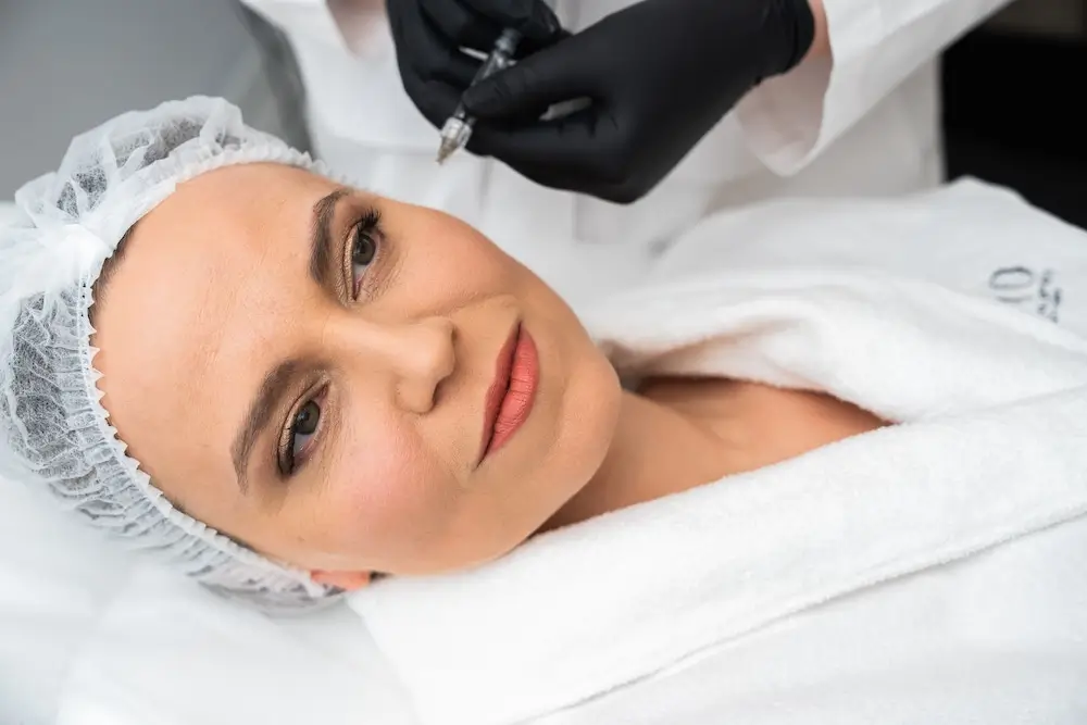 A person in a white robe receives a cosmetic injection from another person wearing black gloves in a medical or spa setting.