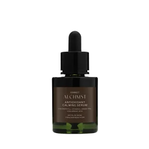 Glass bottle with black dropper lid labeled "ALCHMST Antioxidant Calming Serum," containing chlorophyll, vitamin C, green tea, hyaluronic acid. 30 ml capacity.