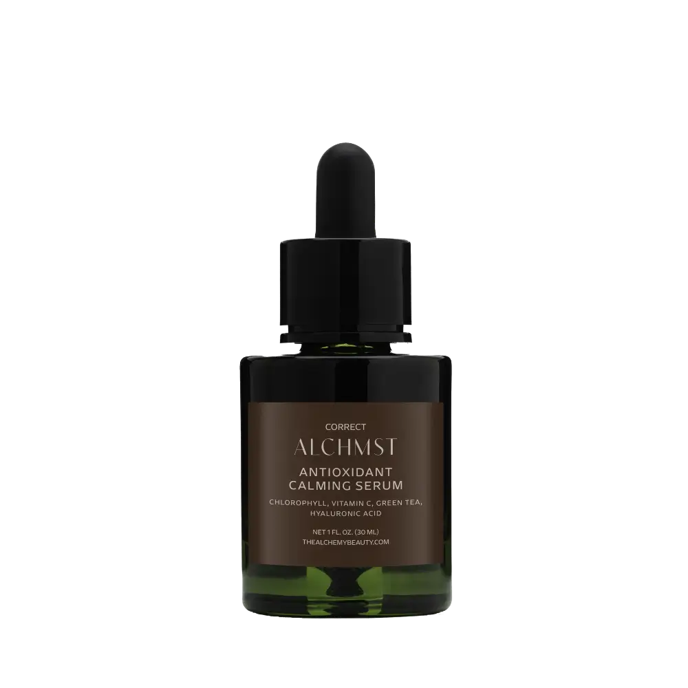 Glass bottle with black dropper lid labeled "ALCHMST Antioxidant Calming Serum," containing chlorophyll, vitamin C, green tea, hyaluronic acid. 30 ml capacity.