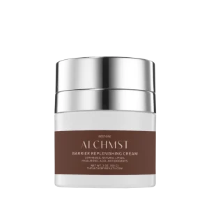 A silver and white jar labeled "ALCHMST Barrier Replenishing Cream" with details about ceramides, lipids, hyaluronic acid, and antioxidants visible.