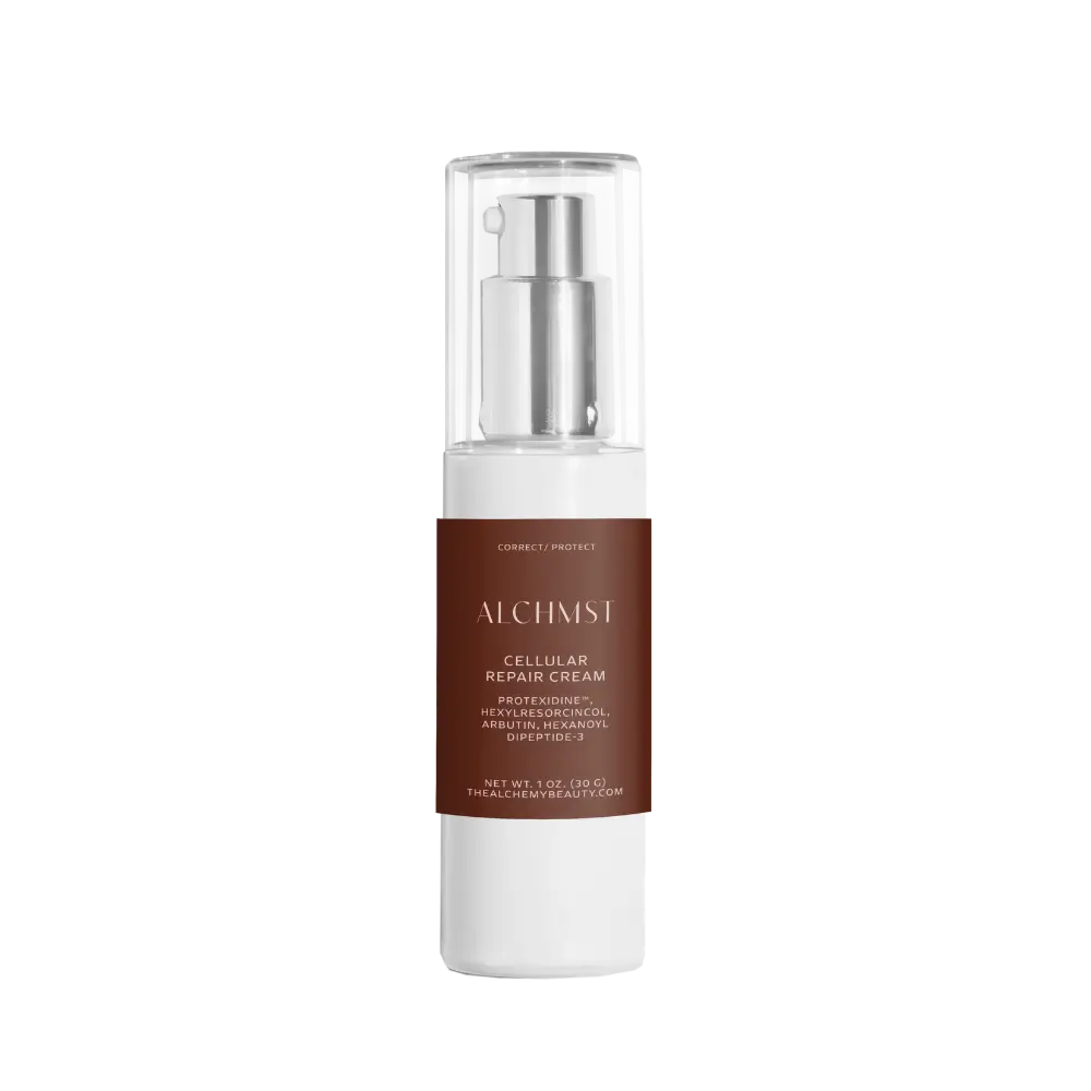 A skincare product labeled "ALCHMST Cellular Repair Cream" in a sleek, clear container with a pump dispenser, set against a plain background.