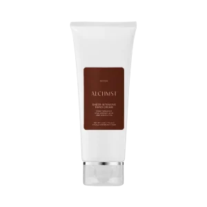 White tube labeled "ALCIMIST" contains sheer intensive hand cream with fractionated hyaluronic acid and green tea. Packaging features minimalist brown design.