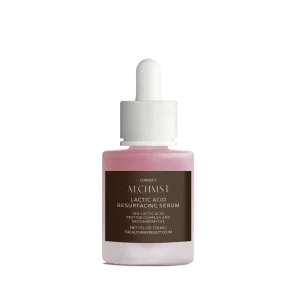 A pink lactic acid resurfacing serum bottle labeled "Alchmst," with a white dropper. Contains peptides and saccharomyces; 30 ml size.