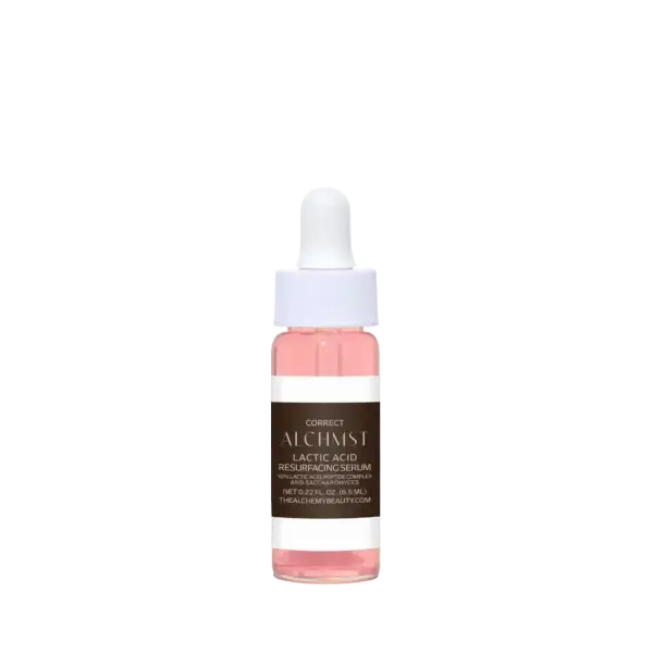 A pink lactic acid resurfacing serum bottle with a white dropper, labeled "Alchemist," on a plain white background.