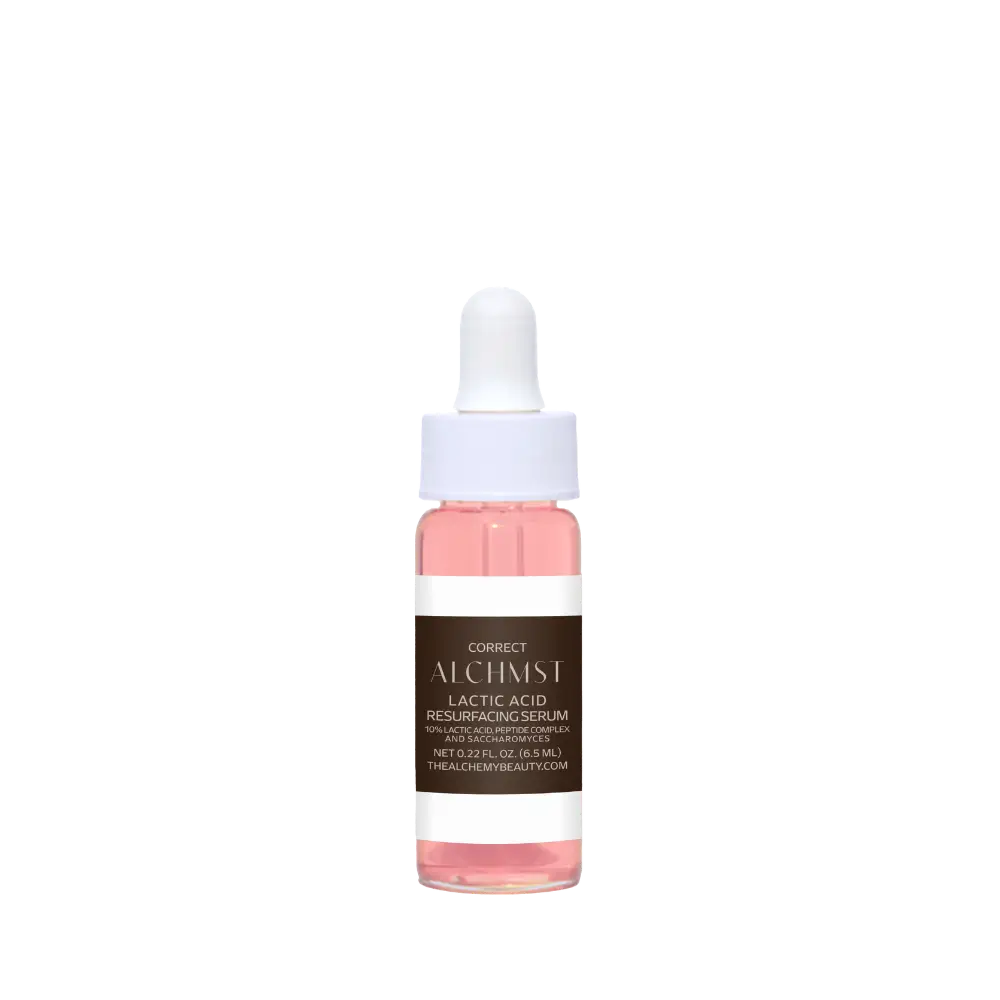 A pink lactic acid resurfacing serum bottle with a white dropper, labeled "Alchemist," on a plain white background.