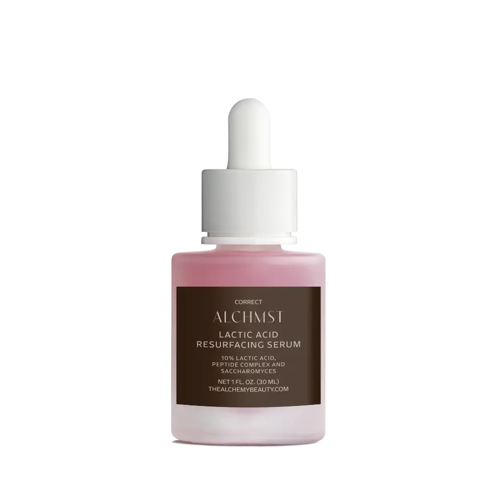 A pink lactic acid resurfacing serum bottle labeled "Alchmst," with a white dropper. Contains peptides and saccharomyces; 30 ml size.