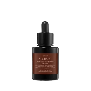 Black dropper bottle labeled "ALCHMST Retinol Renewing Serum," featuring ingredients and usage instructions on a brown label, against a plain white background.