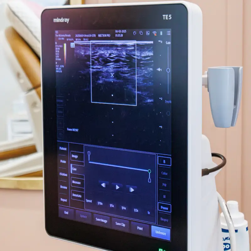 Close-up of a medical ultrasound machine screen displaying an image. Nearby, scan controls and settings are visible, with medical equipment in the background.