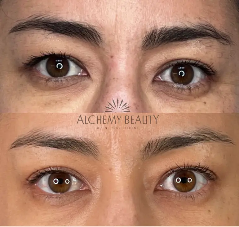 Close-up of person's eyes before and after makeup application, highlighting eyebrow enhancement. Alchemy Beauty logo is visible in the center.