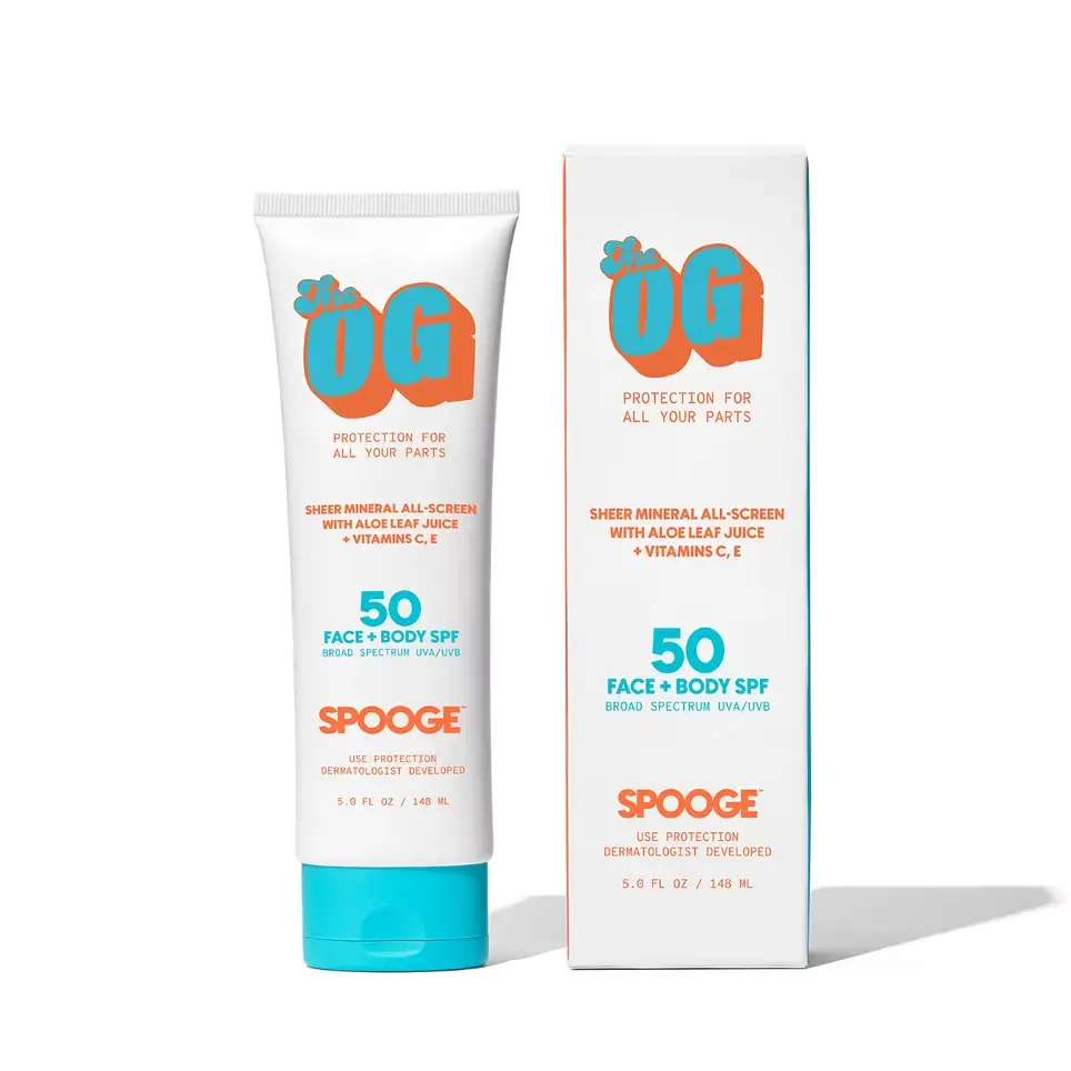 Tube and box of SPF 50 sunscreen labeled "OG,” featuring mineral all-screen protection with aloe and vitamins, emphasizing face and body coverage.