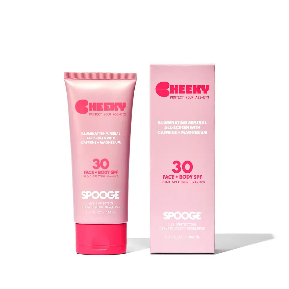 A pink tube and box of "Cheeky" sunscreen with SPF 30, featuring minerals, caffeine, and magnesium. Bold, playful branding is visible.