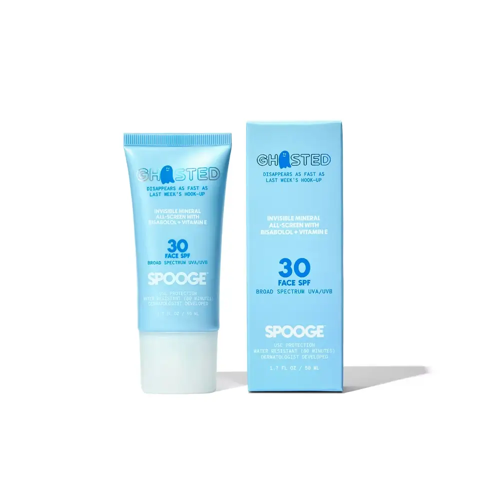 Blue packaging of "Ghosted" SPF 30 face sunscreen with box, featuring mineral all-screen formulation, bisabolol, and vitamin E. Designed for broad spectrum protection.