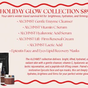 A holiday skincare collection advertisement highlighting various products for brightness, hydration, and firmness, priced at $89, with decorative red ribbons.