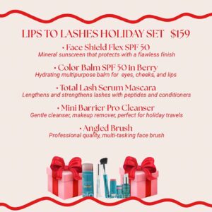 Holiday cosmetic set advertisement features skincare and makeup products with red ribbon accents and gift boxes, priced at $159, promoting festive beauty essentials.