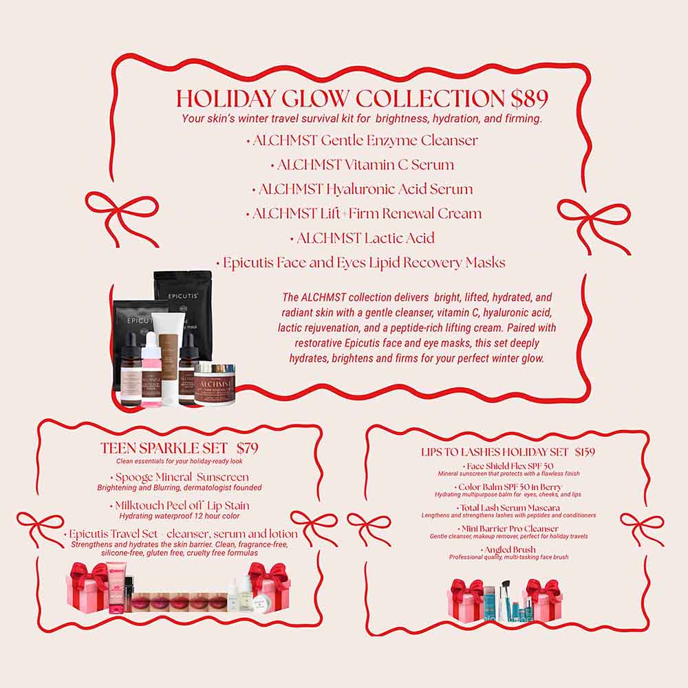 A promotional image showcasing holiday skincare collections featuring cleansers, serums, and masks, priced at $79, $89, and $159, with festive decorations.